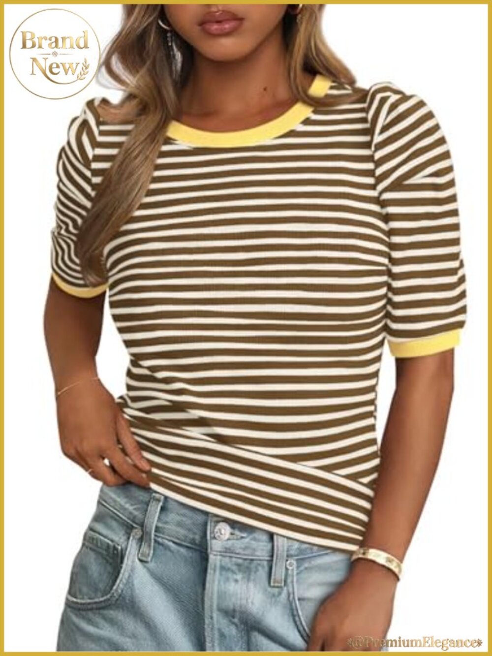 Ribbed Puff Sleeve Striped Knit Crop Top for Women